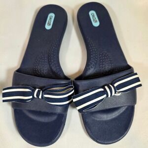 Oka-B Womens M/L Navy Blue Striped Bow Slide Sandals Nautical Comfort Slides